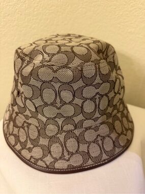 Coach Brown Signature Monogram Bucket Hat with Leather Trim
